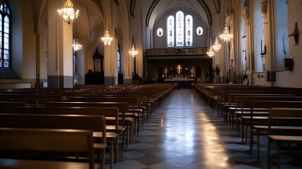Obraz premium Elegant interior of an empty church featuring wooden pews and stunning stained glass windows : Generative AI