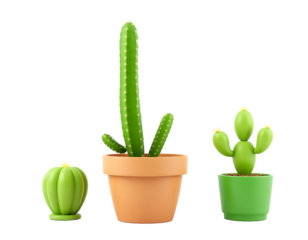Three cartoon cacti in different pots