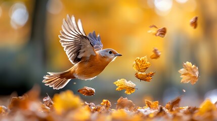 Bird in Flight Amidst Autumn Leaves Dancing in the Golden Sunlight