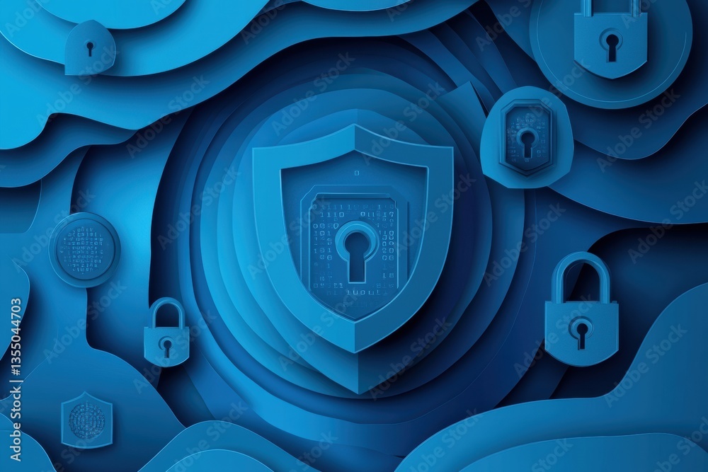 Leinwandbilder cybersecurity art with layered locks, encrypted codes, and shield shapes in a modern blue gradient, 