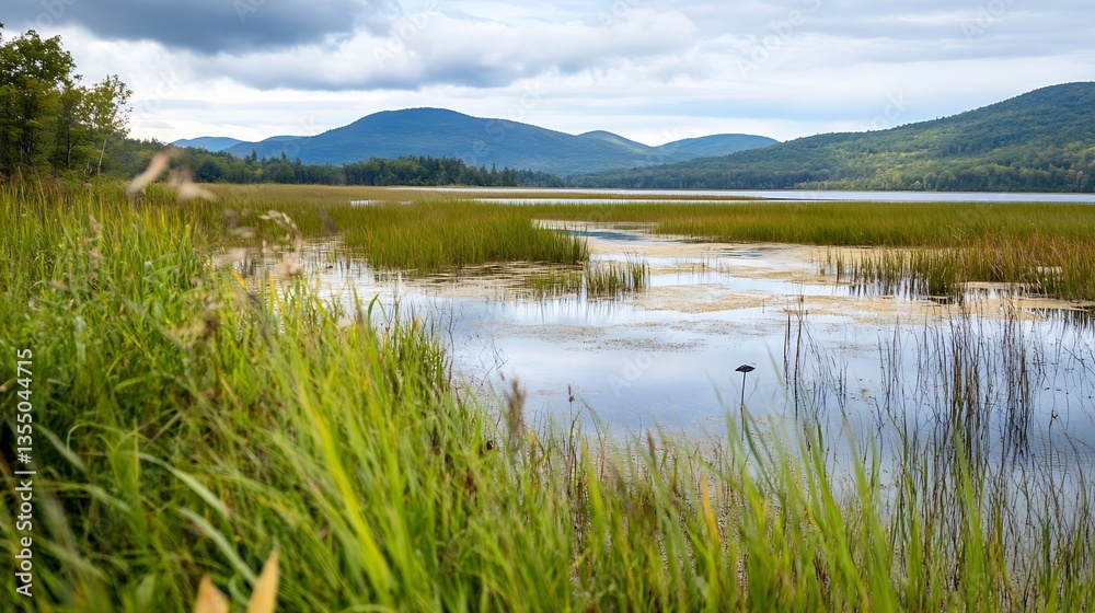 Poster scenic view of tranquil lake surrounded by lush green grass and serene mountains in the background :