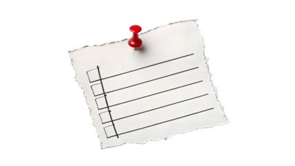 A torn piece of paper with a checklist pinned to a surface with a red push pin, isolated on a transparent background.