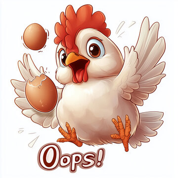 Surprised hen dropping eggs with oops text cartoon