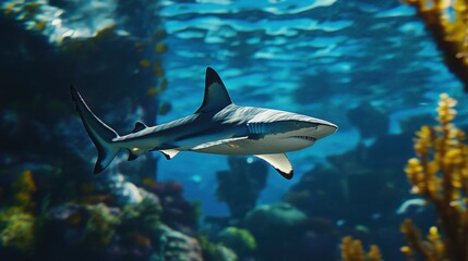 Obraz premium A sleek blacktip reef shark gracefully glides through a vibrant coral reef, sunlight filtering through the crystal-clear water creating a breathtaking underwater scene.