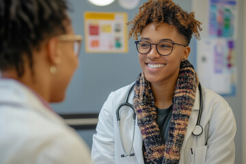 A transgender person in a healthcare setting receiving respectful, affirming care from a diverse and inclusive medical provider. Highlights LGBTQ+ health rights and equity in access.
