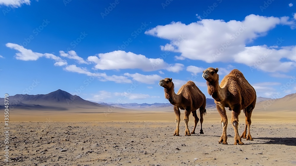 Poster two camels standing on a rocky landscape under a beautiful blue sky with scattered clouds in the bac