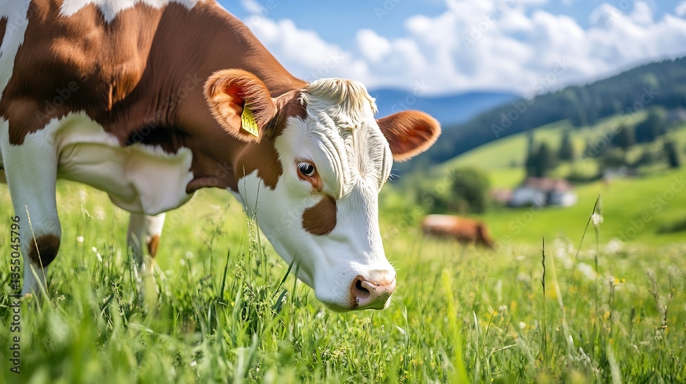Poster beautiful cow grazing in a lush green field with a sunny sky and rolling hills in the background : g