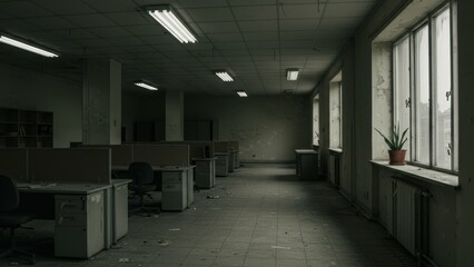 Abandoned office shows empty cubicles, dilapidated walls, and overgrown plant in pot. Dark, desolate workspace evokes feelings of neglect and isolation. End of work era concept.