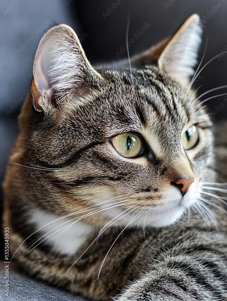 Poster Closeup shot of a tabby cat with striking green eyes looking curiously while resting on a sofa : Generative AI