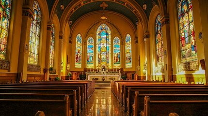 Obraz premium A stunning church interior featuring colorful stained glass windows and elegant wooden pews, creating a serene and spiritual atmosphere.