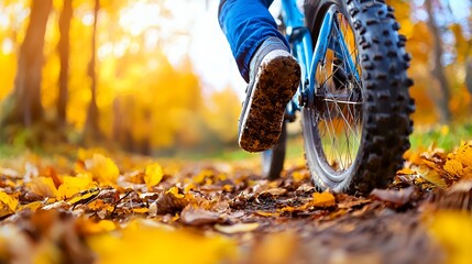Naklejka premium Foot Pedaling Bicycle on a Path with Autumn Leaves, Close-up Shot in the Forest