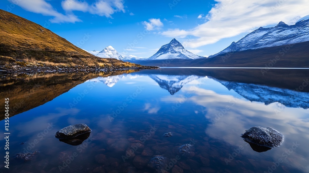 Poster majestic mountain range reflected in a calm lake with stunning blue skies and fluffy clouds creating