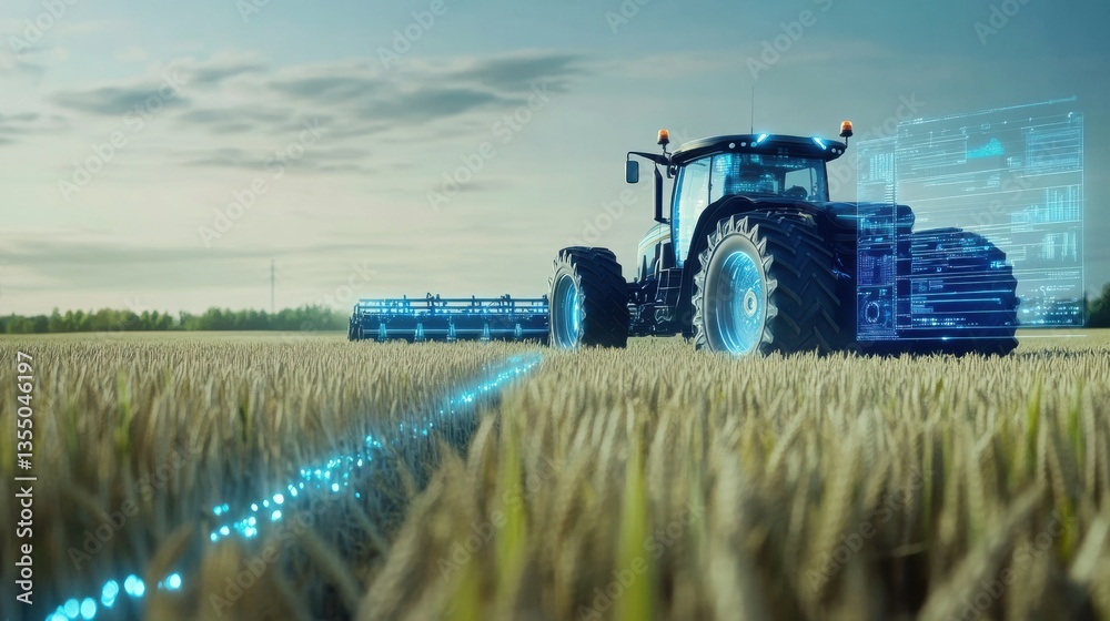 Aufkleber Futuristic autonomous tractor with AI control system operating in expansive wheat field under clear sky