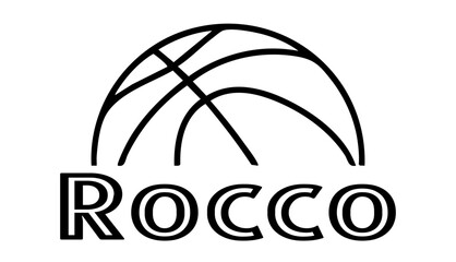 Rocco - first name written in sport style and stylized basketball sketch; black color; vector graphics for banners, cards, sweatshirts, prints, cricut, silhouette, sublimation	