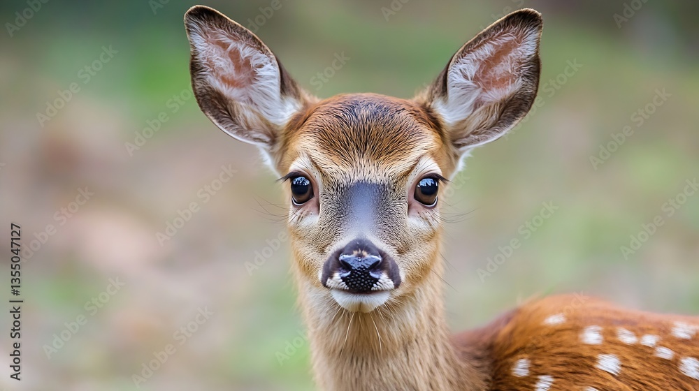 Poster close up view of an adorable young deer with big eyes and soft fur set against a blurred natural bac