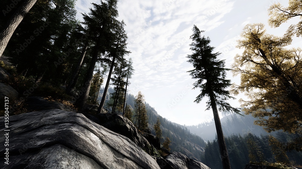 Aufkleber Majestic Pine Trees and Scenic Mountain View Under Soft Sky with Clouds : Generative AI