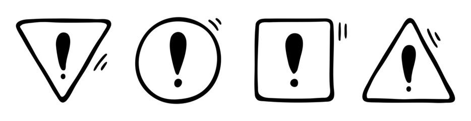 Doodle exclamation mark set, notification bell, alert danger information sign. Scribble hand drawn doodle exclamation point, line stop warning sign in circle, triangle, square form