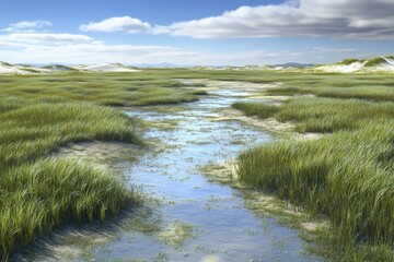 A Serene River Flowing Through a Lush Meadow on a Beautiful Summer Day