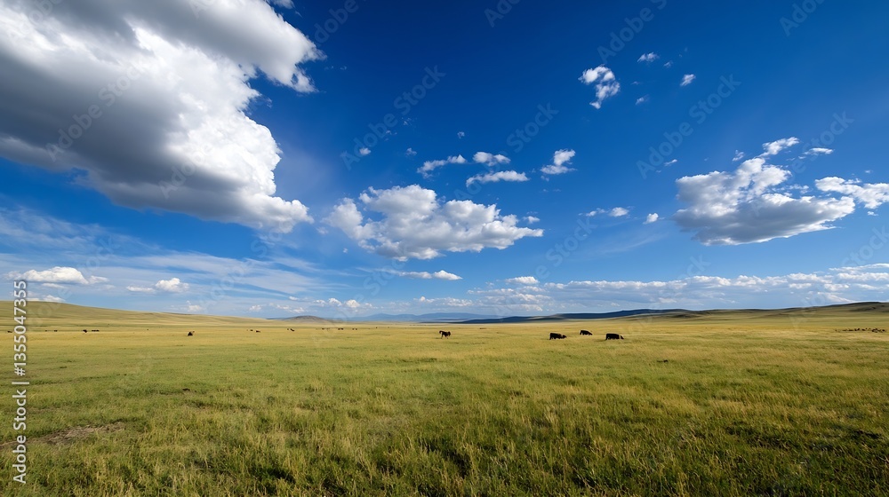 Poster Vast open field under a bright blue sky with fluffy clouds and grazing cattle in the distance : Generative AI