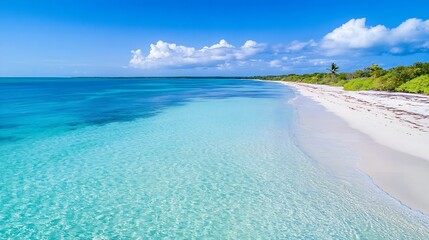 Pristine Beach with Crystal Clear Water Surrounded by Lush Greenery and Palm Trees : Generative AI