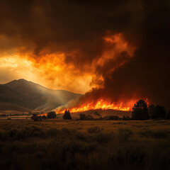 Fototapeta premium Wildfire burning trees and land getting closer to homes and smoke polluting the sky