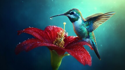 Fototapeta premium Ethereal Encounter Vibrant Hummingbird Sips from Crimson Blossom in Teal Oasis - Detailed Close-Up of Serene Nature's Beauty