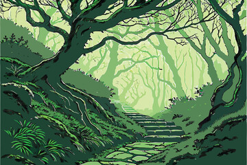 Fototapeta premium 22 Enchanted forest, twisted moss-covered trees, winding path, ancient stone steps, misty atmosphere, ethereal green glow, magical woodland, intertwining branches, fantasy landscape, mystical forest t