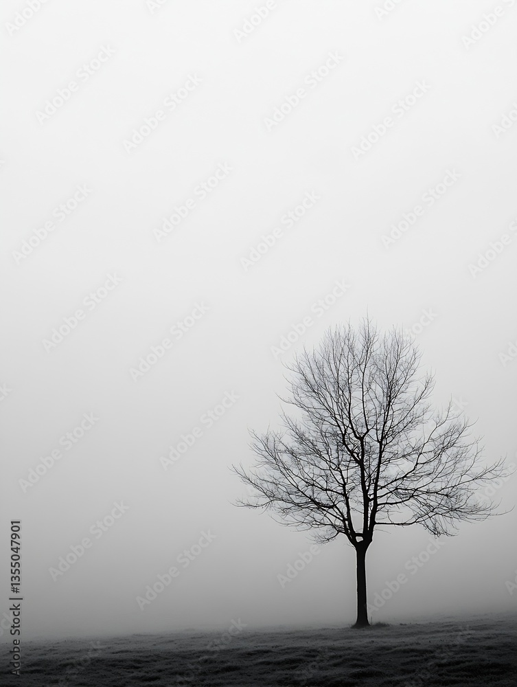 Aufkleber Solitary leafless tree standing against a thick foggy background creating a serene atmosphere : Generative AI