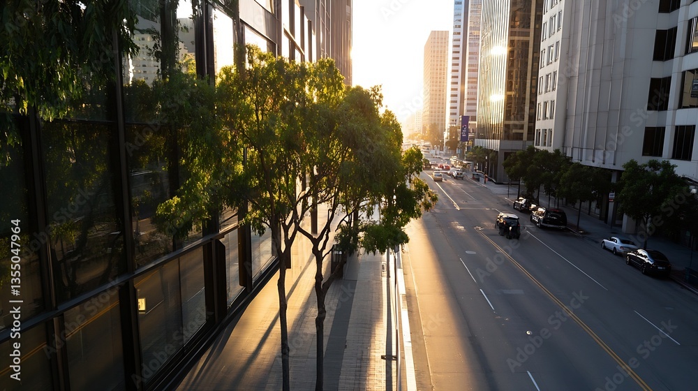 Poster golden hour sunlight casting long shadows on a city street with trees : generative ai