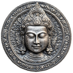 Intricate Cambodian silver num ansom featuring a detailed Buddha face design