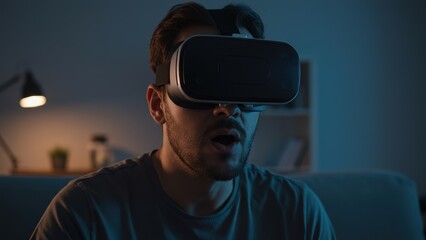 Caucasian man wearing VR headset indoors. Experiencing virtual reality, immersion, digital world. Entertainment, innovation, future possibilities.