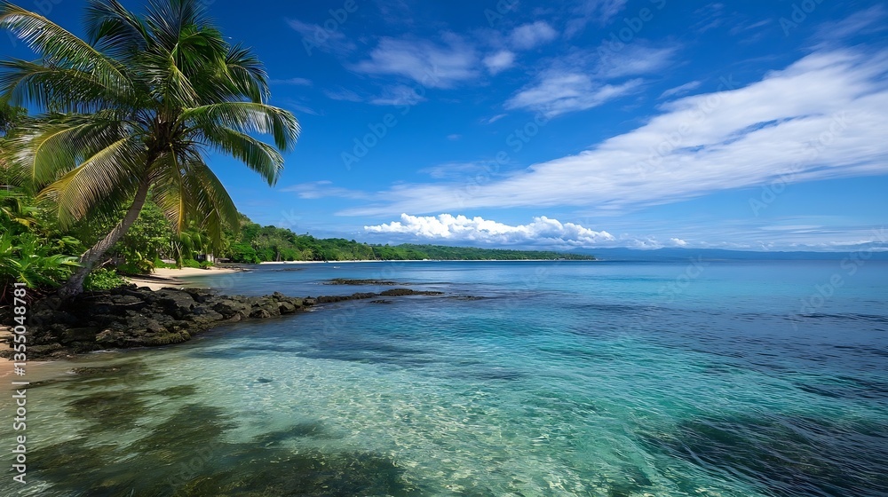 Poster serene tropical beach view with transparent water palm trees and a vibrant sky on a sunny day : gene