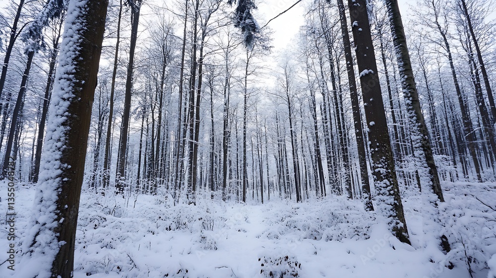 Aufkleber serene winter landscape surrounded by snowcovered trees in a frosty forest : generative ai