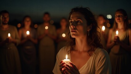 Young beautiful woman praying with candle on hand, closeup. devotee