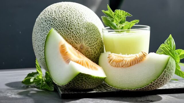 Prepare a delicious and refreshing beverage using fresh melon and mint leaves. Enjoy the vibrant colors and aromatic experience in a modern kitchen setting
