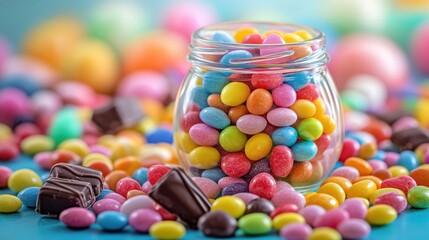 Colorful Candies in Jar, Easter Treats, Festive Background, Party Supplies suitable to your display business and more