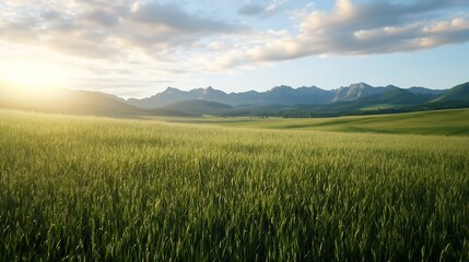 Fototapeta premium Stunning panoramic view of a tranquil green field with mountains under a bright blue sky : Generative AI