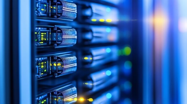 Close up of modern data servers in a server room with glowing indicators and technology : Generative AI