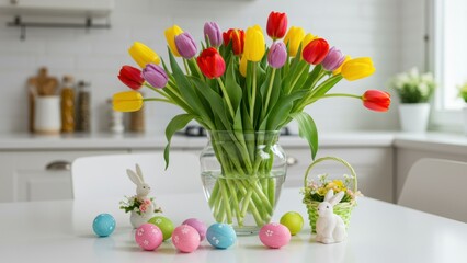 Tulip arrangement, Easter eggs, bunny figurines, flower basket in kitchen. Tabletop decor for festive occasions. Fresh flowers, celebration, spring, holidays.