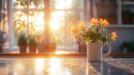 Sunrise flowers kitchen counter calm morning