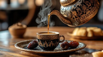 A traditional Arabian coffee pot pouring steaming gahwa into a small cup, served with dates on the side.