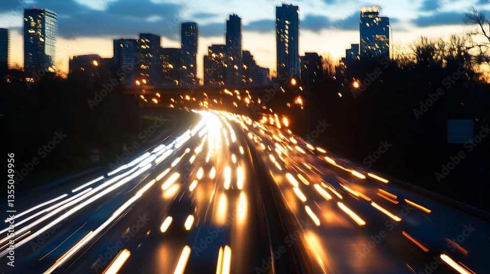 Aufkleber dynamic city lights of an urban highway at dusk creating a motion blur : generative ai