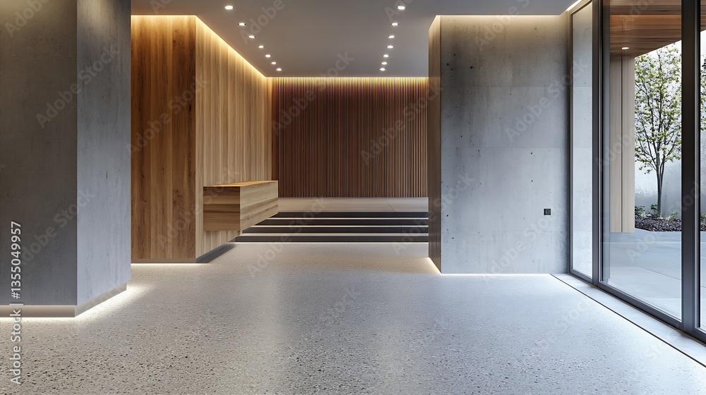 Poster modern interior design featuring a stylish lobby with wooden and concrete elements and ambient light