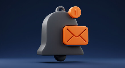 A new message notification rings a stylish bell, a single unread email awaits in a sleek 3D design with bold orange accents against a dark blue backdrop.