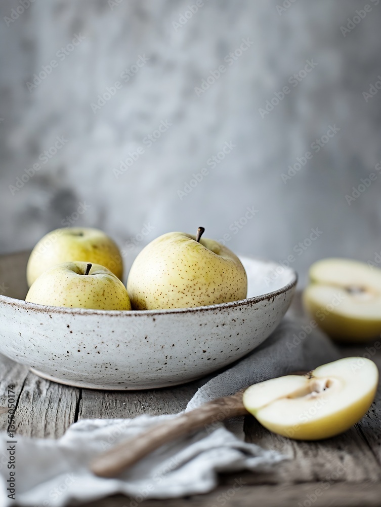 Poster Freshly Harvested Apples Arranged in a Rustic Bowl with Slices on a Wooden Table : Generative AI