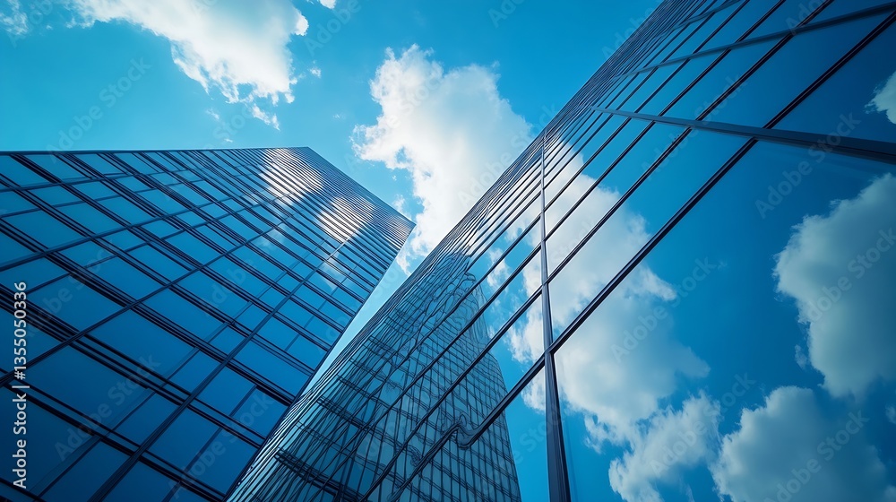Poster modern skyscraper reflections against a bright blue sky with fluffy clouds : generative ai