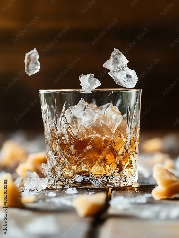 Poster elegant whiskey glass filled with ice showcasing alluring amber liquid and crushed ice pieces : gene