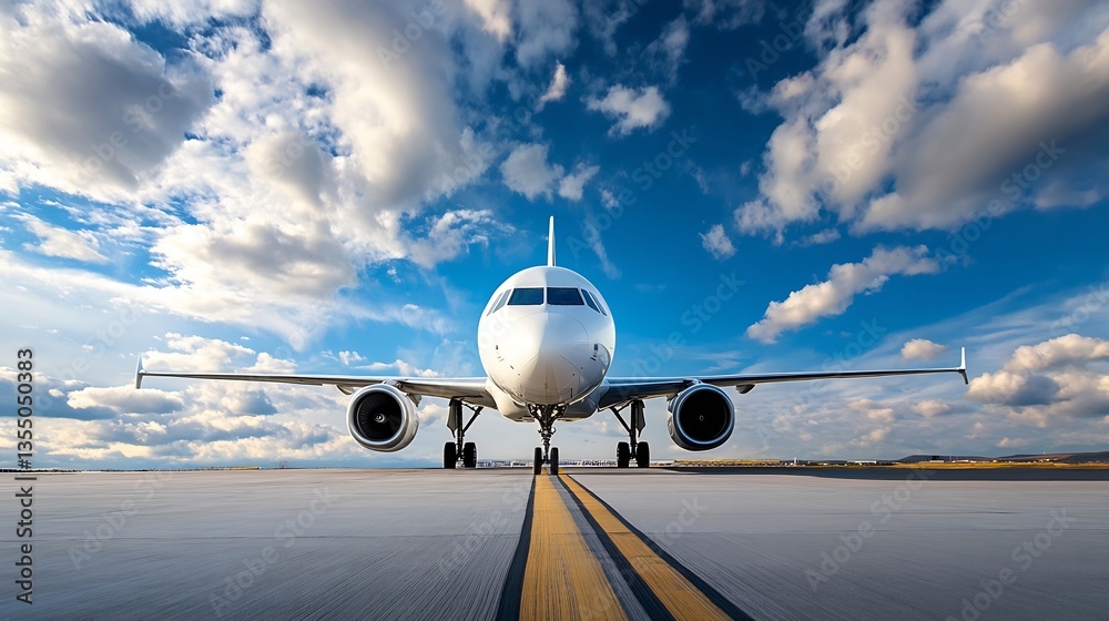 Poster modern commercial airplane on runway with dramatic clouds and blue sky creating a dynamic travel atm