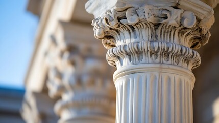 Obraz premium Stunning close up of ornate classical architecture with detailed column designs against a clear blue sky : Generative AI