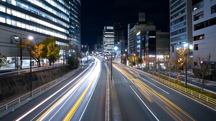 Fototapeta premium Dynamic urban night scene capturing flowing lights and modern architecture in the city : Generative AI